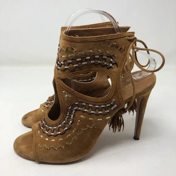 Aquazzura Sexy Thing Cut Out Suede Sandals Womens 40 US 9.5 Brown Artsy Boho - Picture 5 of 14